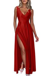lot 20449 image: Memoriesea Womens Sexy Satin V Neck Sleeveless High Split Evening Cocktail Maxi Dress Red Large - Retail $20