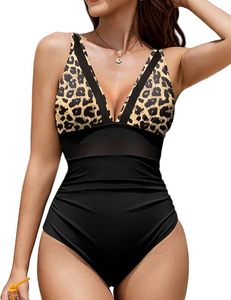 lot 20462 image: AIMAGE Women One Piece Swimsuit Tummy Control Bathing Suit Sexy Mesh V Neck Swimwear 2025 Leopard Small&nbsp