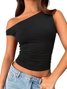 lot 20466 image: ForeFair Womens Off Shoulder Tops Sleeveless Going Out Crop Tank Tops Slim Fitted Shirts Summer Outfits Y2K Cute Tops(S,Black) - Retail $20