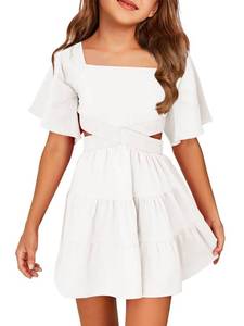lot 20475 image: Batermoon Girls Summer Dress Square Neck Short Sleeve Crossover Waist Casual A-line Mini Dress White Large - Retail $40