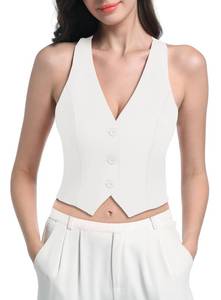 lot 20477 image: V VOCNI Vest for Women V Neck Sleeveless Racerback Fashion Dressy Crop Top Fitted Suite Vest Waistcoat White Medium - Retail $24