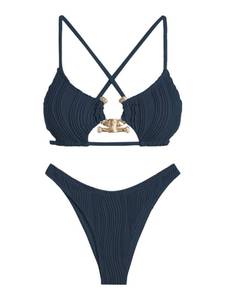 lot 20481 image: ZAFUL Womens Cutout Bikini Criss Cross Textured Metal High Leg Bikini Sets Cheeky Swimswear Two Piece Swimsuit Large - Retail $33