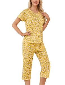 lot 20482 image: ENJOYNIGHT Womens Pajama Sets Cotton Pj Set Short Sleeve Top With Capri Pants Sleepwear 2 Piece Lounge Set (Small, Yellow Floral) - Retail $24