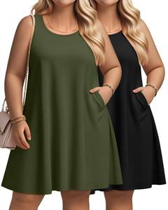 lot 20490 image: Evervibe 2 Pack Womens Plus Size Summer Dresses, Casual Sleeveless Tank Dress Round Neck T-Shirt Sundress with Pockets(Army Green, Black,X-Large) - Retail $40