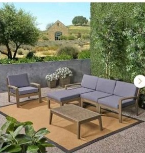 lot 3 image: Grenada Gray 6-Piece Acacia Wood Outdoor Patio Conversation Sectional Seating Set with Dark Gray Cus - Retail $869