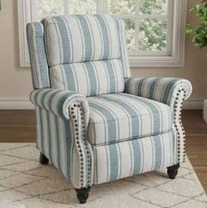 lot 19 image: UixeBlue Striped Linen Nailhead Trim Upholstered Recliner Chair with Adjustable Footrest (Set of 1) - Retail $230