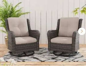 lot 21 image: Wicker Outdoor Rocking Chair Patio Swivel with Beige Cushions (2 box Set-4 Chairs Total) - Retail $1000
