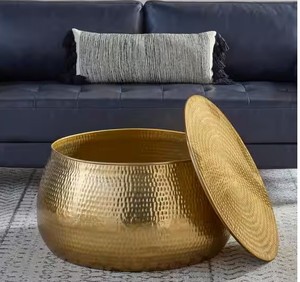 lot 13 image: Calluna 30 in. Gold Round Metal Coffee Table with Lift Top Storage- Retail$369