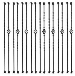 lot 10919 image: 16 Pack Wrought Iron Balusters for Staircase Hollow Single Basket with Knuckles Double Twist 12 Square Metal Balusters with 32 Iron Baluster Swivel Shoes