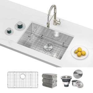 lot 10922 image: Kitchen Sinks 23x18 Inch Undermount Kitchen Sink Stainless Steel Sink 16 Gauge Single Bowl Sinks Set (5 Item Bundle Sink, Bottom Grid, Drain Assembly, Drain Cap, Towel)
