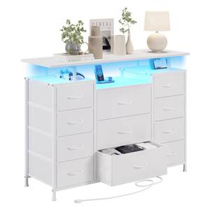 lot 10933 image: LUMTOK 11 Drawers Dresser with Fabric Drawers,Charging Station, LED Lights and Shelves for Bedroom Storage Organization