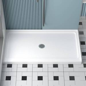 lot 10937 image: KPUY Shower Base, 48 L X 32 W Shower Base Pan with Single Threshold and Center Drain, Shower Pan with Slip Resistant Textured Surface, White Acrylic