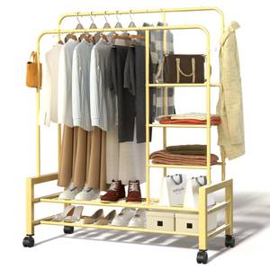 lot 11930 image: YLGJ& TIDY Expanded Capacity Clothes Rack, Clothing Racks for Hanging Clothes with Double Rods, More Storage Shelves and Hooks, Rolling Rack for Clothes, Heavy Duty Garment Rack Golden (YLYMJG01)