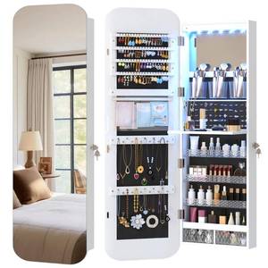 lot 11938 image: Vlsrka 47.2 LED Mirror Jewelry Cabinet, WallDoor Mounted Full Length Mirror with Storage, Lockable Jewelry Armoire with Mirror, Rounded Corner Hanging Mirror Jewelry Organizer, White