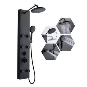 lot 12906 image: ROVATE Shower Panel Tower System with Adjustable Rainfall Shower Head, Matte Black Shower Tower with 6 Body Massage Jets and 5 Functions Handheld, Stainless Steel Shower Column Wall Mounted