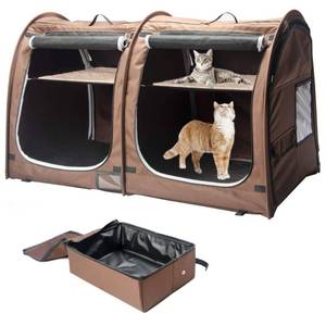 lot 12933 image: Mispace Portable Twin Compartment Show House Cat CageCondo - Easy to Fold & Carry Kennel - Comfy Puppy Home & Dog Travel Crate with Portable Carry BagTwo HammocksMats and Collapsible Litter Box