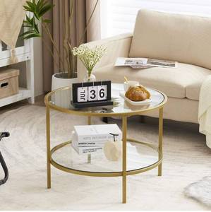 lot 13908 image: VINGLI Glass Coffee Table, 25.6 Round Champagne Gold Coffee Tables for Living Room, 2-Tier Glass Top Coffee Table with Storage Clear Coffee Table, Simple & Modern Center Table for Small Space
