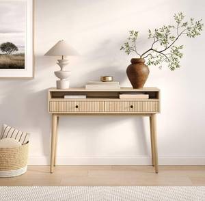 lot 13912 image: Fluted Narrow Console Table Natural Oak - 43 W x 12 D x 32 H, Fluted Swing Doors & Black Knobs - Solid Wood Console Table with Storage for Narrow Entryway & Hallway