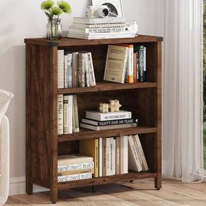 lot 13921 image: BON AUGURE Rustic Short Bookshelf, 3 Shelf Bookcase, Small Wood Low Book CasesShelves, Farmhouse Storage Tier Book Shelves for Home Office, Living Room, Small Space (Rustic Oak)