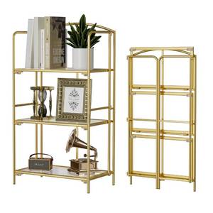 lot 13925 image: Crofy No Assembly Folding Bookshelf for Living Room, 3 Tier Gold Collapsible Book Shelf for Home Office, Portable Bookcase Storage Organizer