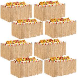 lot 30107 image: Juexica 8 Packs Luau Grass Table Skirt 9 ft x 30 Inch Hawaiian Table Skirt Faux Hibiscus Flowers Hawaiian Party Decorations (Champagne)