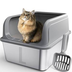 lot 30110 image: Stainless Steel Cat Litter Box, Metal Kitty Litter Box with Scoop, Anti-Leakage Top Entry, Non-Sticky, Easy to Clean, Grey, L (1 Pack)