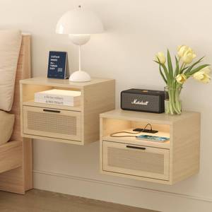 lot 30139 image: Floating nightstand Set of 2 with USB Ports, outlets, and led Light Strip �� Modern Wall-Mounted nightstands with Oak and Rattan Design