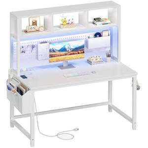 lot 30152 image: White Computer Desk with Hutch and Pegboard - Computer Desk with Power Outlets, 47 Inch Modern Study Teen Desk with Pegboard Storage Bag, Hooks and Side Bag,Writing Desk for Bedroom Home Office
