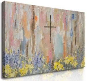 lot 61660 image: Framed Cross Flower Wall Art Christian Floral Oil Painting Canvas Prints Abstract Religious Posters Church Graffiti Pictures Wall Decor Ready To Hang (24x36in Framed)