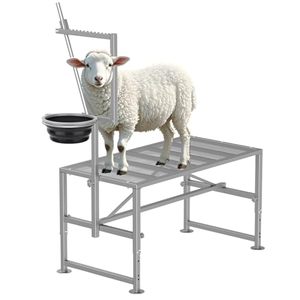 lot 61665 image: Feed Bin Goat Stand for Milking, 600LBs Goat Milking Stand, Sheep Trimming Hoof Table Iron Silver, Adjustable Size