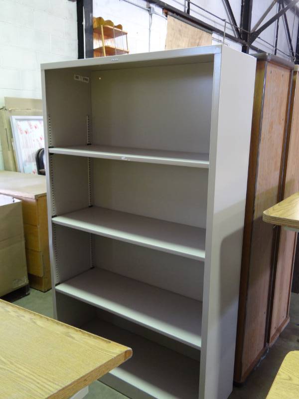 lot 1124 image: (4) Metal Frame Laminated Top Desks And Metal Book Shelf