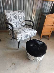 lot 12 image: Mid-Century Floral Armchair with HeatVibrate and  Matching Ottoman