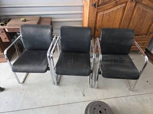 lot 18 image: Mid-Century Chrome Frame Chairs Set of 3- Good Condition Just Need Cleaned. 1 has a very small hole.