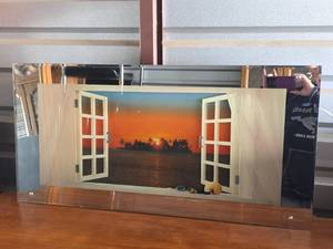 lot 26 image: Illuminated Tropical Sunset Window Mirror Art with Sound. Untested but told it works.