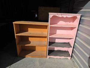 lot 31 image: Hand-Painted Pink Bookshelf and Raw Wood Bookshelf