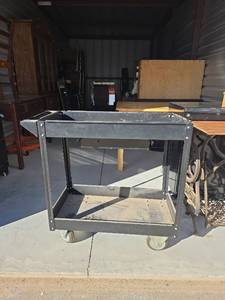 lot 34 image: Industrial Rolling Metal Cart with Multiple Shelves and Drawer