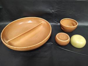 lot 106 image: Vintage Russel Wright Iroquois Casual China Divided Bowl, Salt and Pepper Shaker and Sugar Bowl. Brown in Color