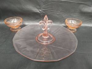 lot 110 image: Vintage Pink Depression Glassware Fleur de Lis 11 58 Serving Tray and Depression Sharon Cabbage Rose Pink Dessert Dishes (2)