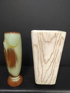 lot 111 image: Shawnee Pottery Fairy Wood Vase, USA, Stamped 1209, Including a Vintage Frankoma Pottery Crocus Bud Vase