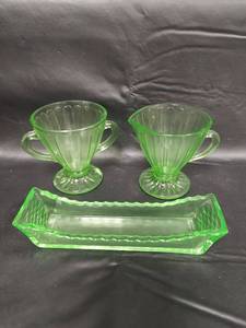lot 113 image: Vintage Uranium Green Glass Wafer Tray and Ribbon Pattern Cream and Sugar Set