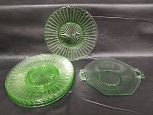 lot 114 image: Vintage Uranium Glass Ribbons Green (5) 8 Luncheon Plates and 8 Green Depression Glass Plate with Handles