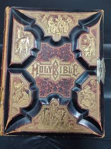 lot 119 image: 19th Century Antique Holy Bible with Ornate Embossed Letter Binding with Raised Religious Scene Panels.. Containing Old and New Testament. Contains Religious Illustrations and Maps.