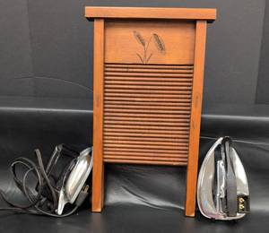 lot 141 image: Vintage Wooden Washboard Wall Decor with Travel Iron Set