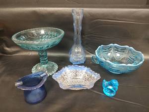 lot 149 image: Vintage Jefferson Blue Bowl with Opalescent Scalloped Rim and Handle, Small Bluebird of Happiness by Leo Ward and More