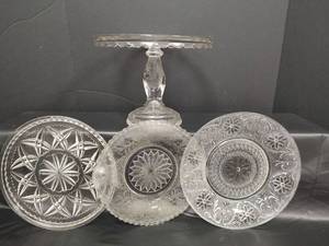 lot 150 image: Antique Hidden Hand Hobbs Brockunier Pedestal Cake Stand with Glass Serving Platters