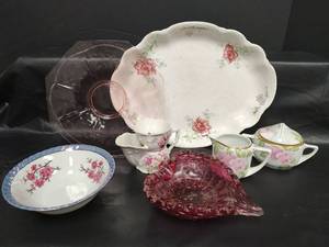lot 151 image: Vintage Pink Depression Glass Plate, Vintage Ornate Ladies Shaving Mug, Rosenthale Donatello Bavaria Cream and Sugar Set and More