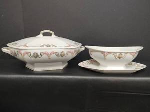lot 155 image: Antique Austrian MZ Moritz Zdekauer Porcelain Covered Serving Dish and Gravy Boat