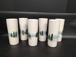 lot 157 image: Vintage Colorado Winter Scene Ceramic Tumblers Set of 6