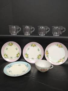 lot 159 image: Vintage Meito Handpainted China Saucers, Made in Japan, Including Clear Glass Cups and More
