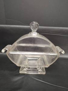lot 162 image: Antique Victorian Era Etched Glass Compote with Etched Lid and Handles